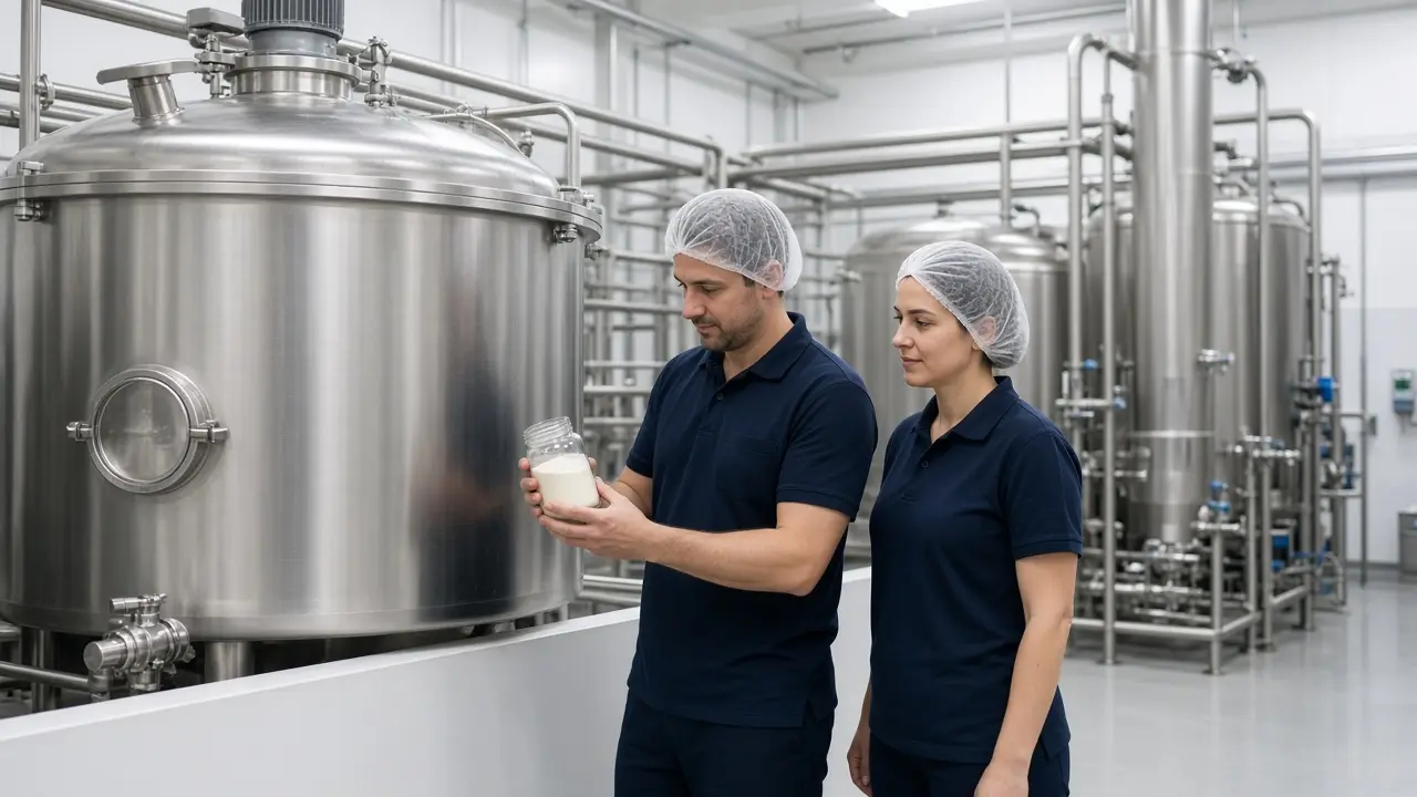 Two operators beside a mixing tank, one holding a jar of powder