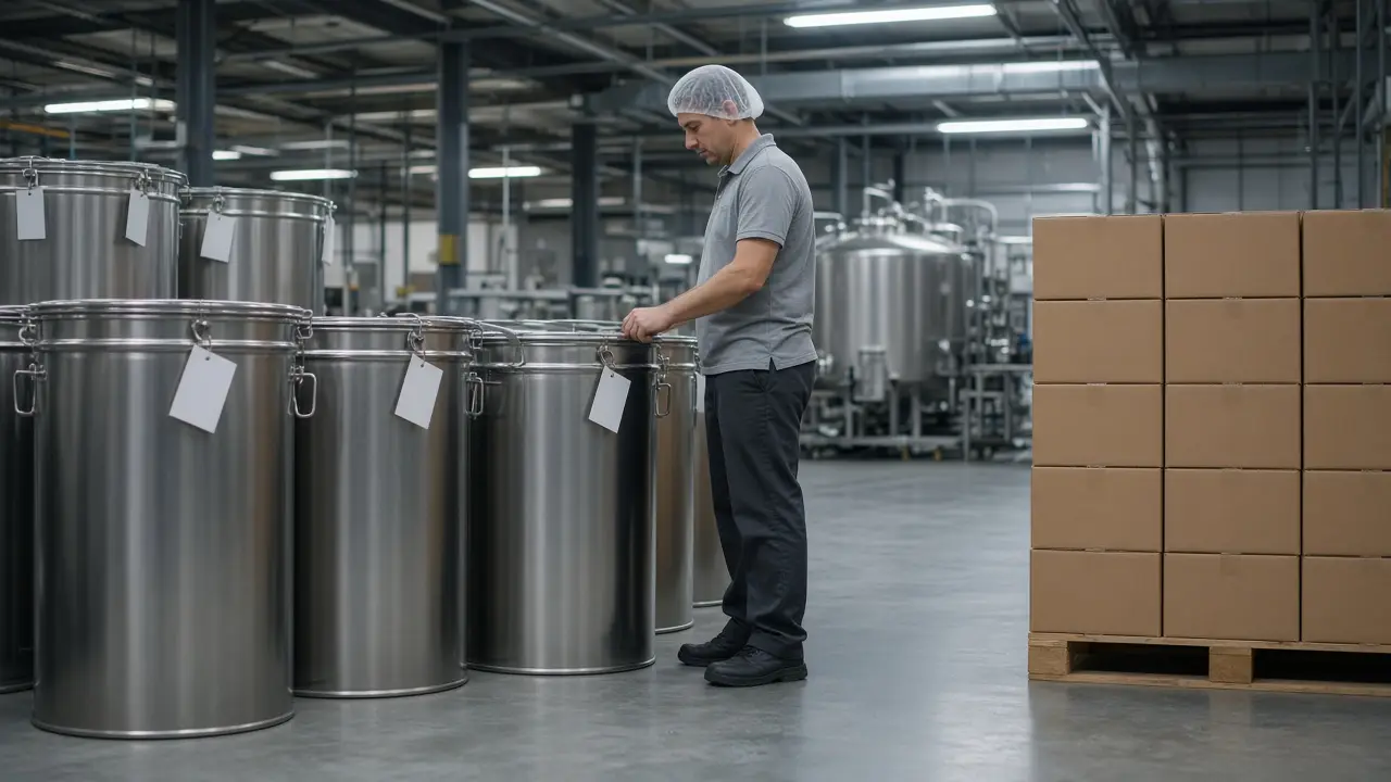 A worker checking blank tags on ingredient drums beside finished cases