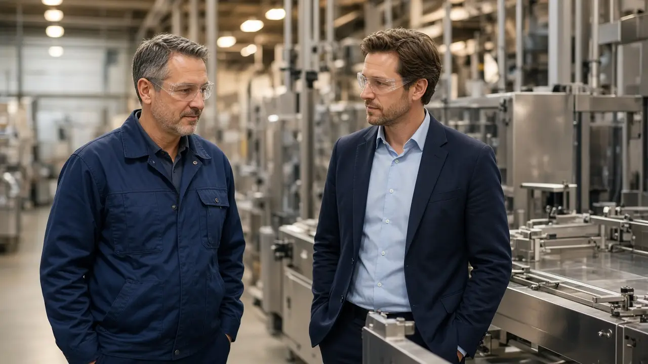 A plant manager and a visitor beside a production line