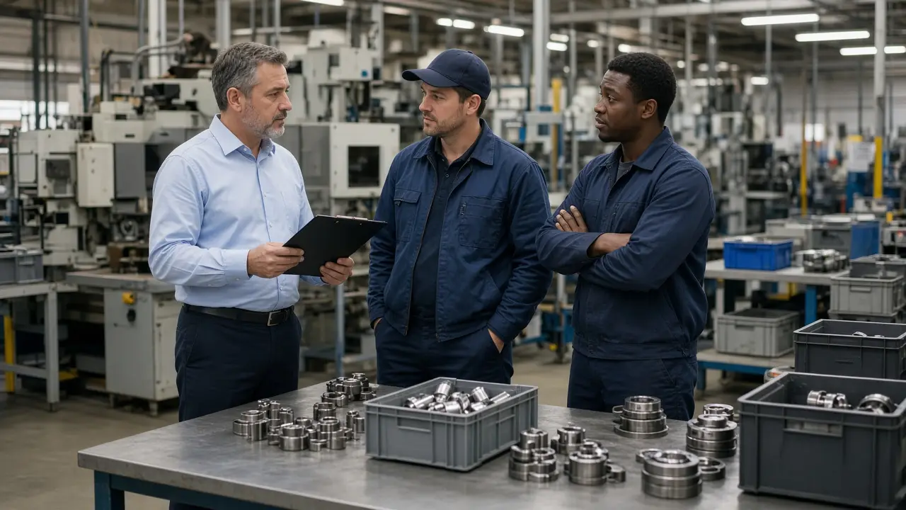 A supervisor with a clipboard talking with two operators
