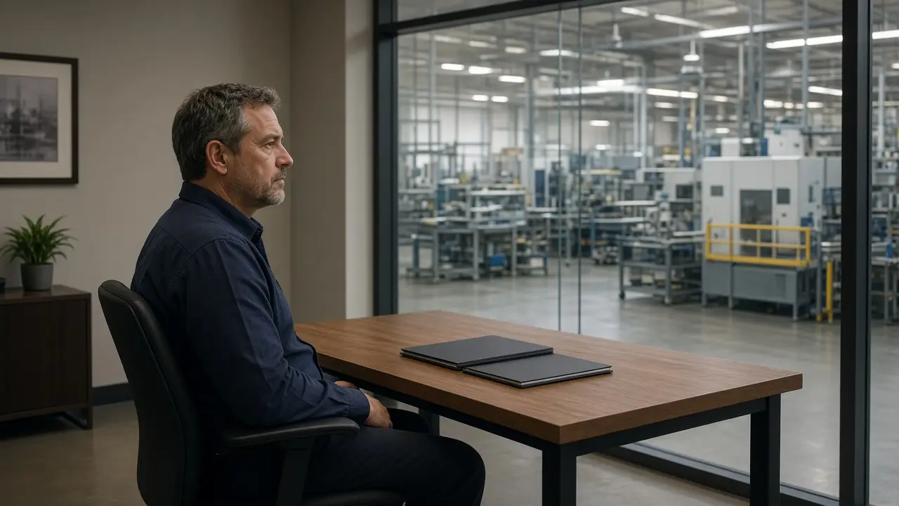 A plant owner at a desk looking onto the production floor