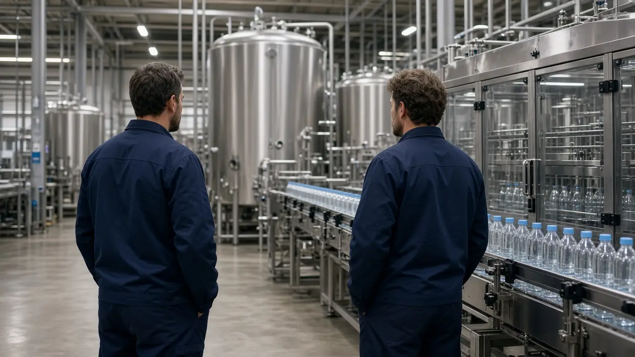 Operators beside a beverage bottling line