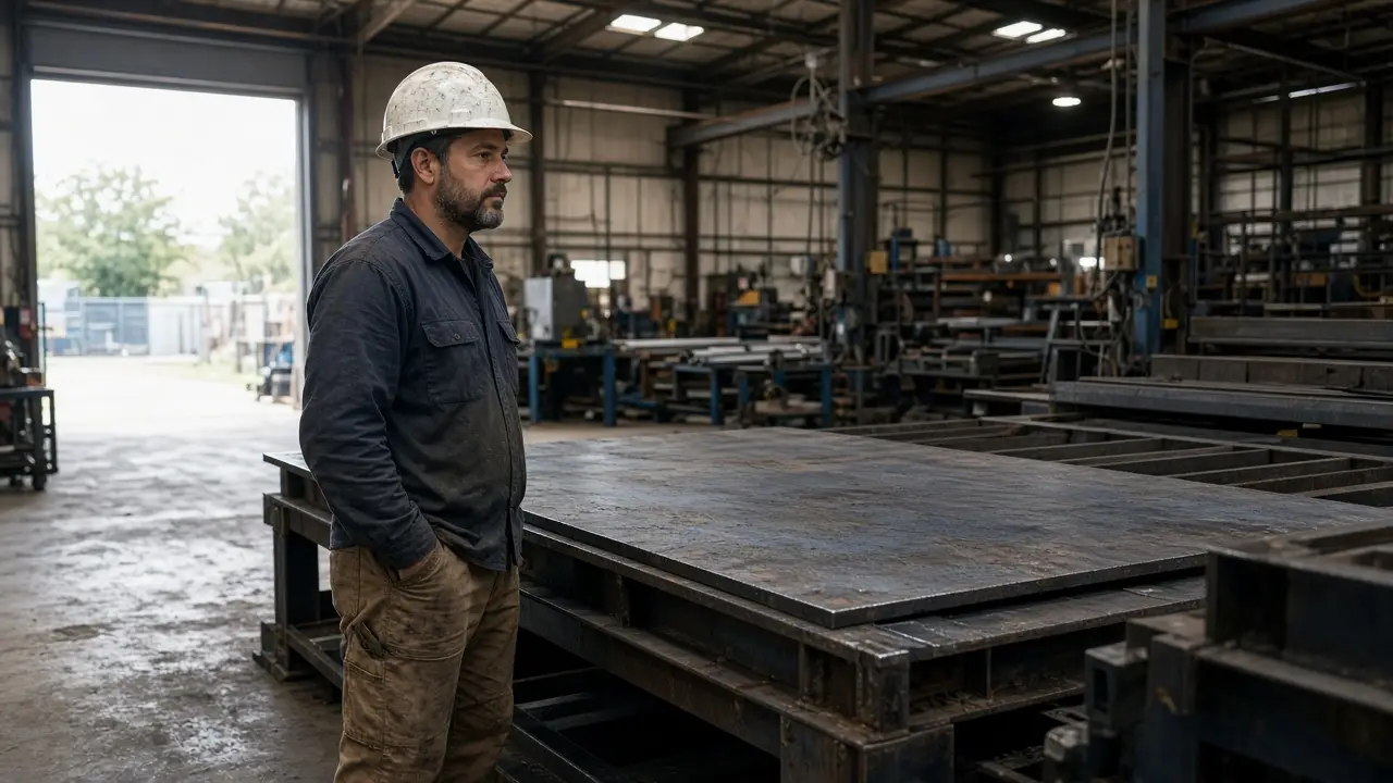 A fabricator beside a steel cutting table